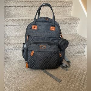 Baby backpack. has a lot of zippers and pockets. has pockets for feeders.